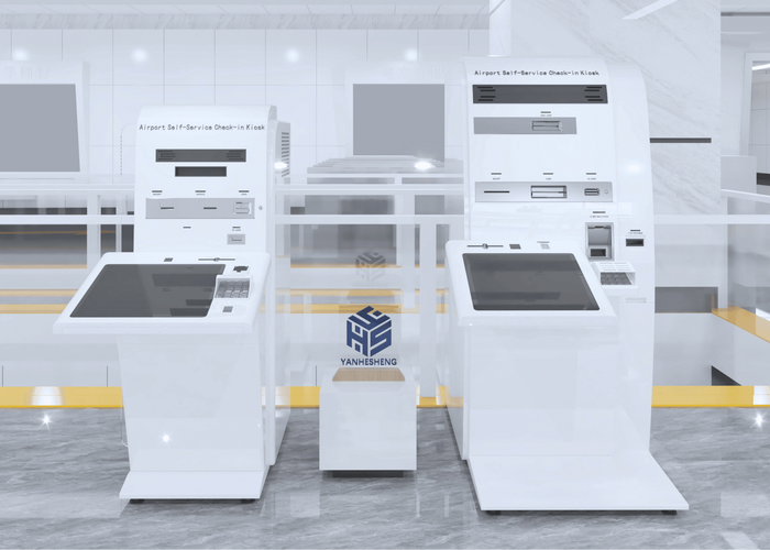 White Self-Service Airport Check-In Kiosk Housing in acrylic solid surface for custom B2B project furniture
