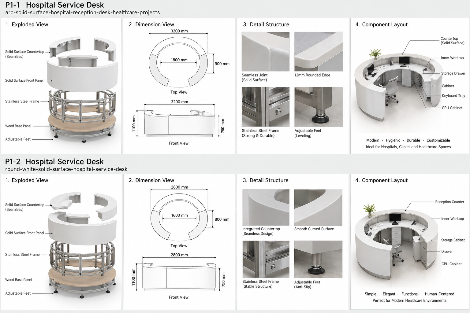 Educational structure illustration for an arc solid surface healthcare reception desk