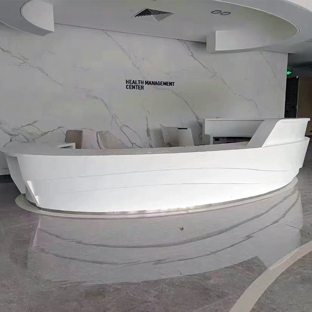 Minimalist white solid surface reception desk manufacturing example