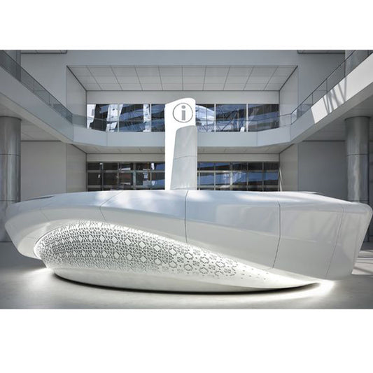 White curved solid surface reception desk design reference
