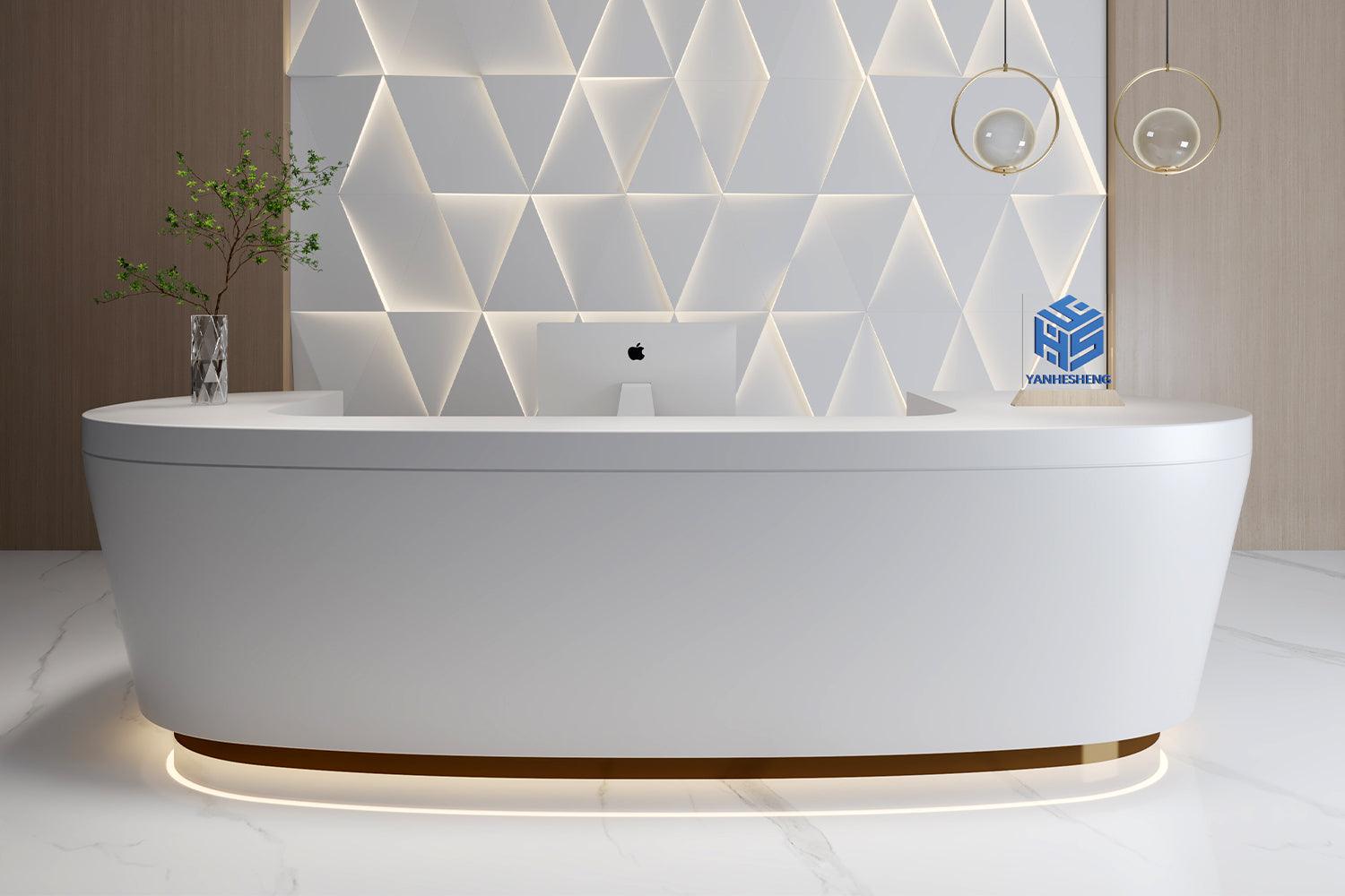 I-Shaped Solid Surface Reception Desk for 3-Person Front Offices in acrylic solid surface for custom B2B project furniture