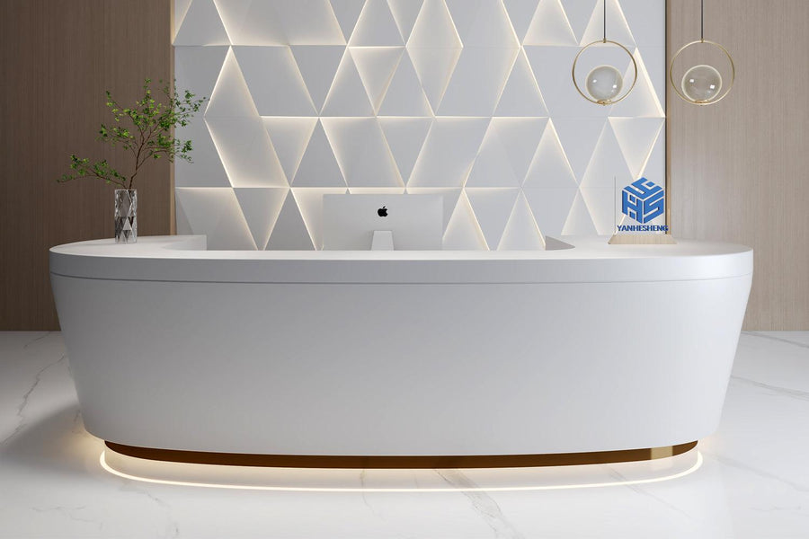 I-Shaped Solid Surface Reception Desk for 3-Person Front Offices in acrylic solid surface for custom B2B project furniture