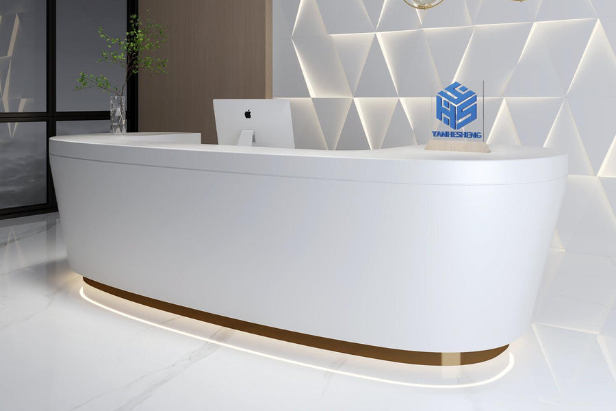 Side view of i-shaped solid surface reception desk for 3-person front offices with seamless acrylic solid surface finish
