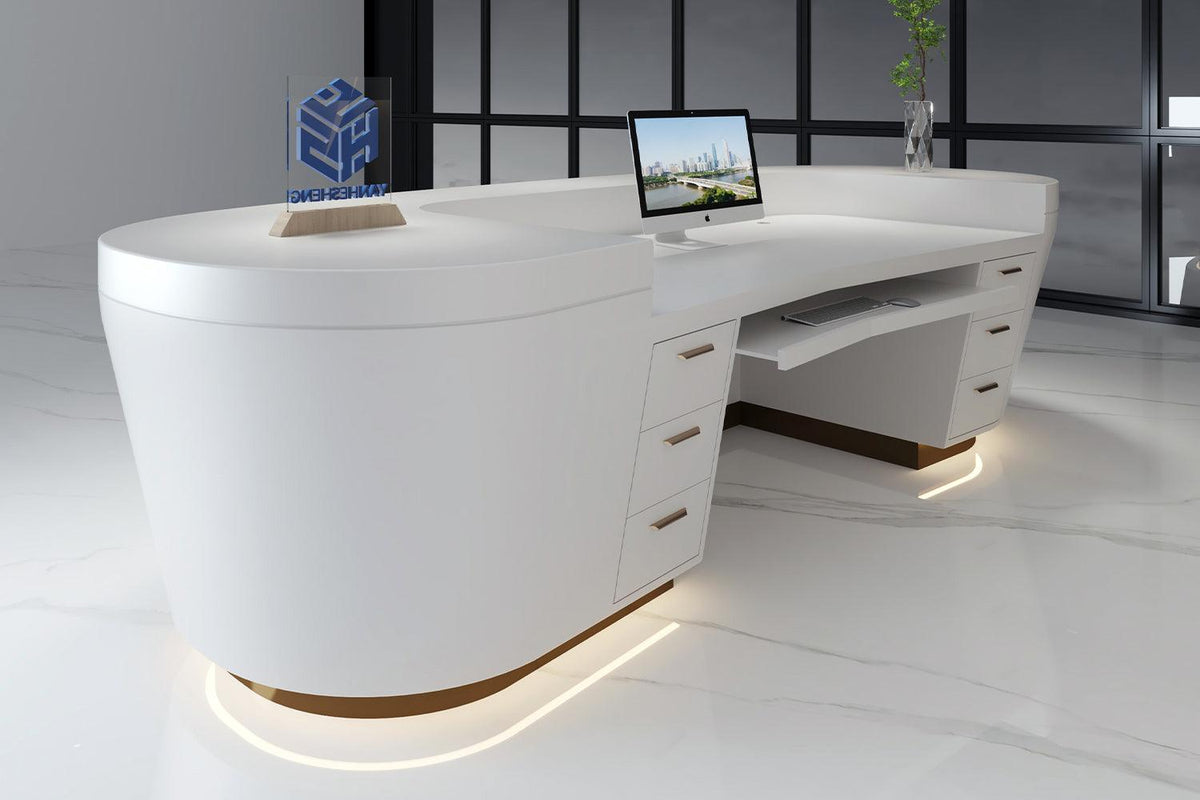 Side view of i-shaped solid surface reception desk for 3-person front offices with seamless acrylic solid surface finish