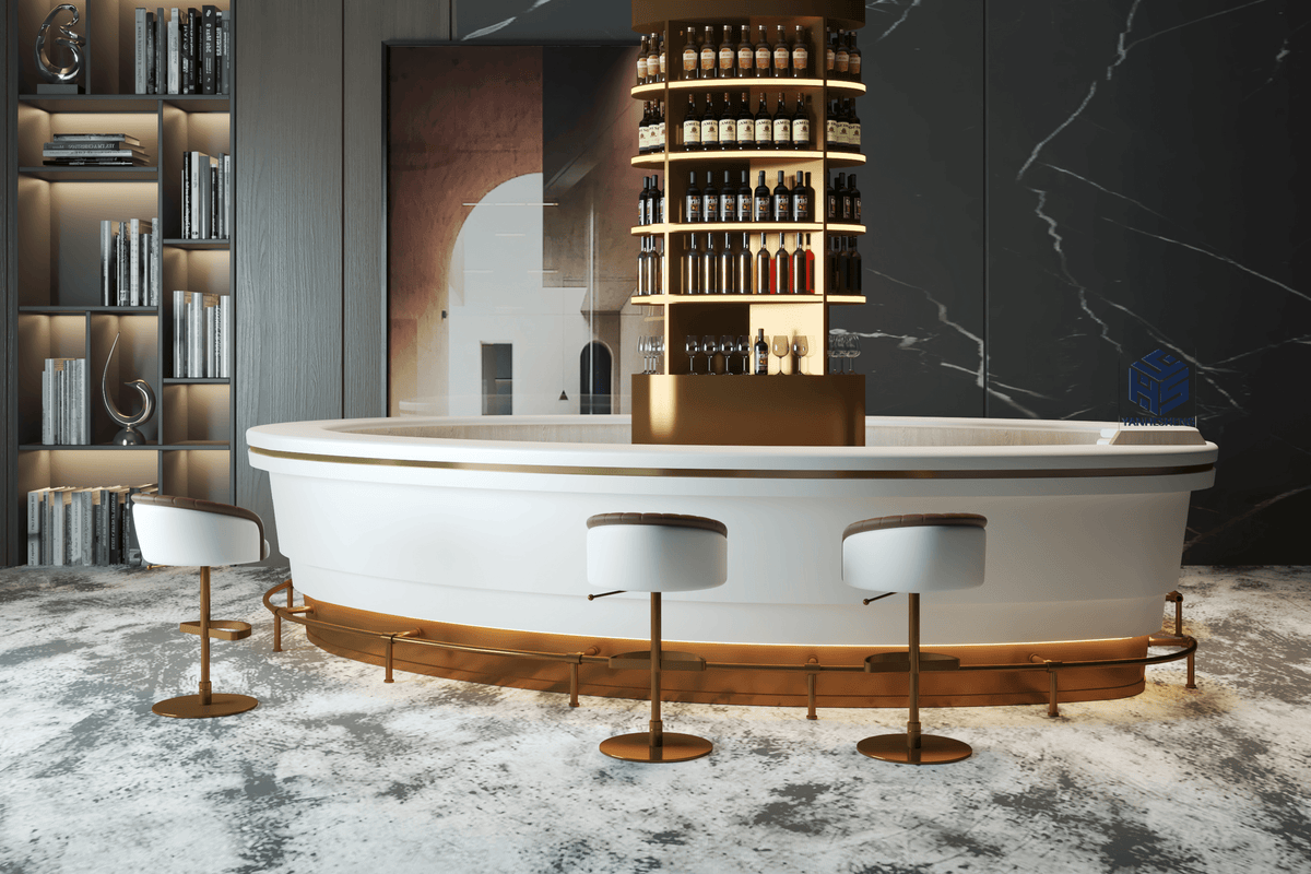 Side view of round white solid surface wine bar counter with seamless acrylic solid surface finish