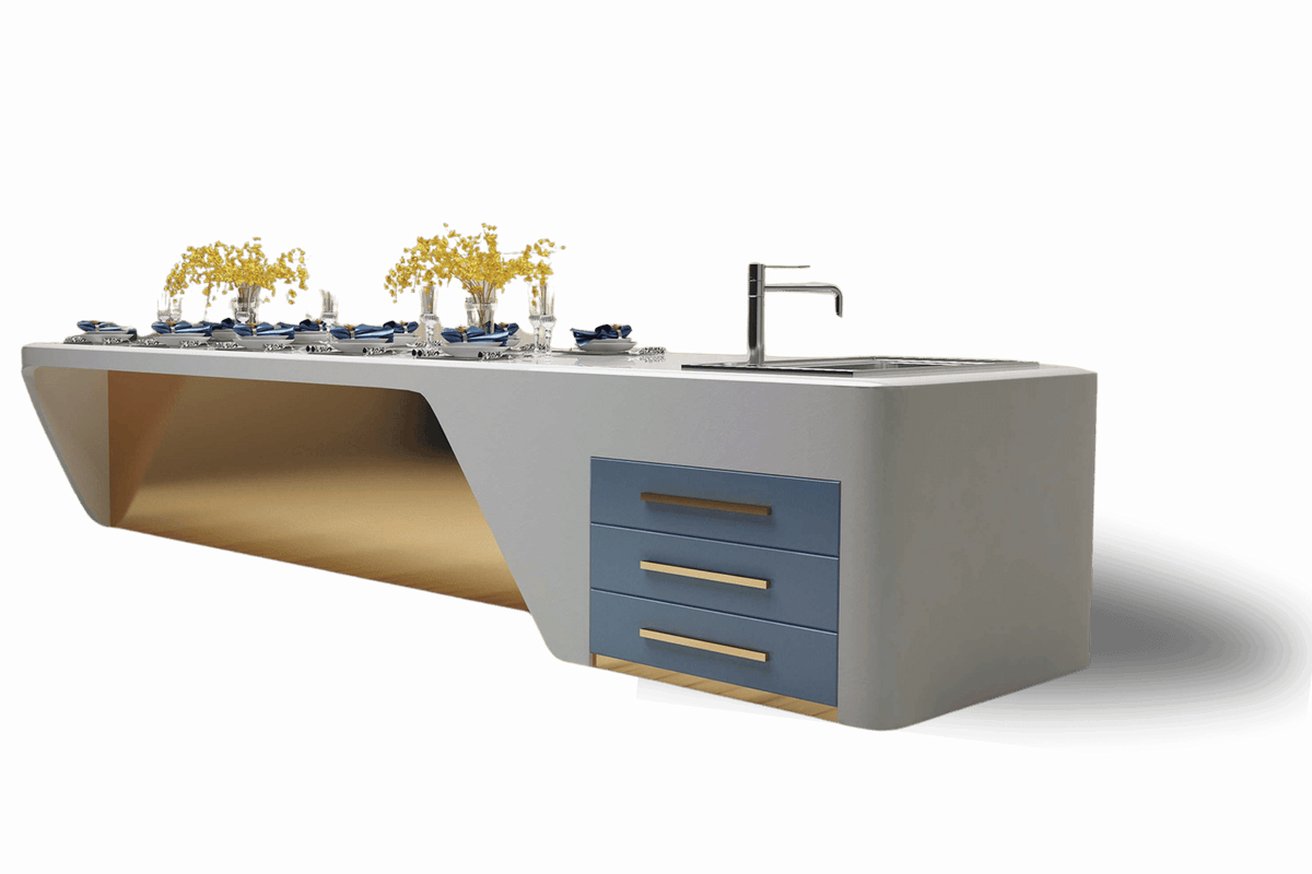 Side view of white solid surface kitchen island with integrated bar counter with seamless acrylic solid surface finish