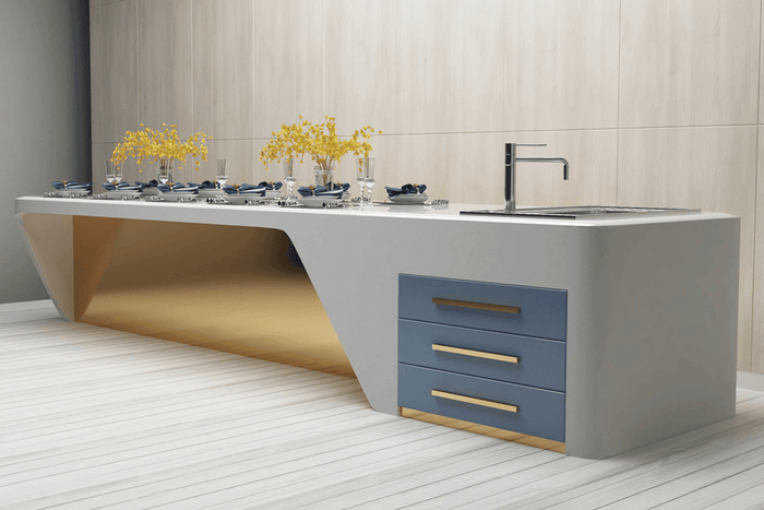 White Solid Surface Kitchen Island with Integrated Bar Counter in acrylic solid surface for custom B2B project furniture