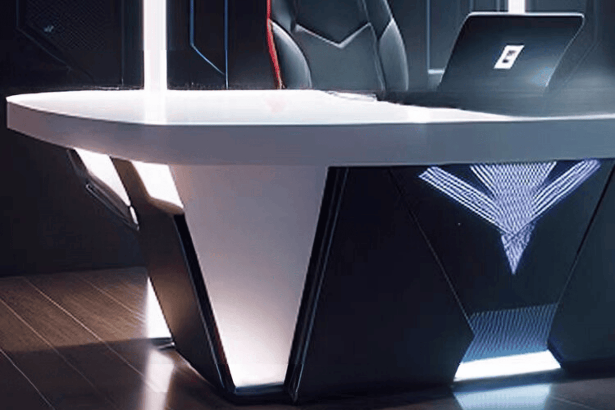 Side view of black technology style solid surface executive desk with seamless acrylic solid surface finish