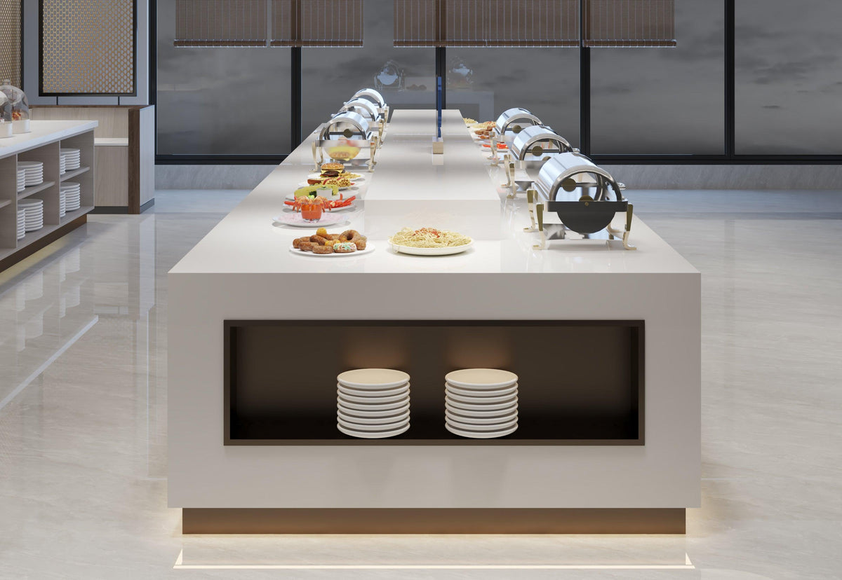 Side view of solid surface hotel buffet counter for self-service dining with seamless acrylic solid surface finish