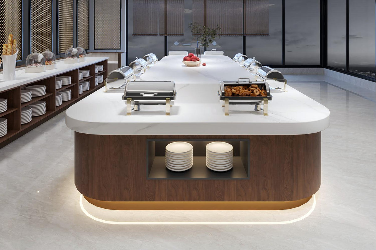 Side view of white marble look solid surface hotel buffet counter with seamless acrylic solid surface finish