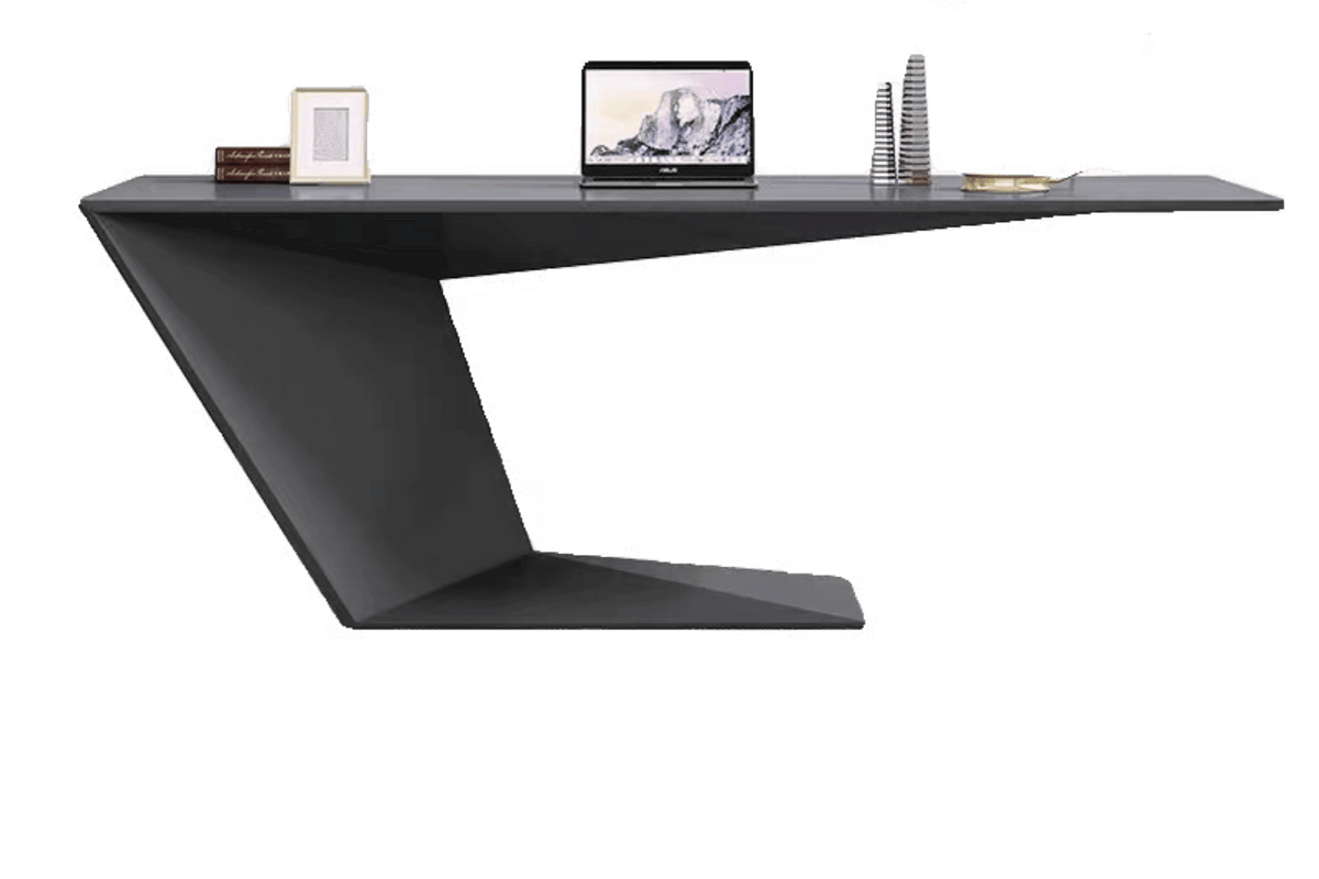 Side view of black sculptural solid surface manager desk for office projects with seamless acrylic solid surface finish