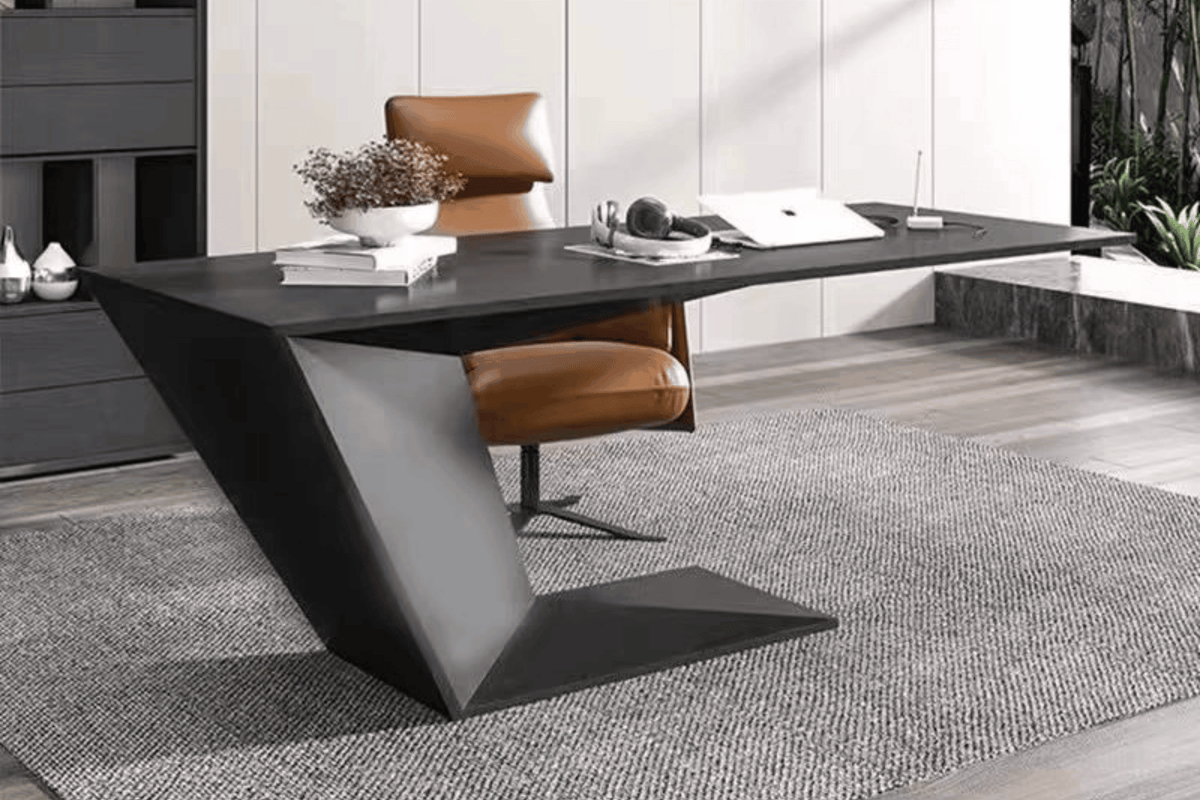 Black Sculptural Solid Surface Manager Desk for Office Projects in acrylic solid surface for custom B2B project furniture