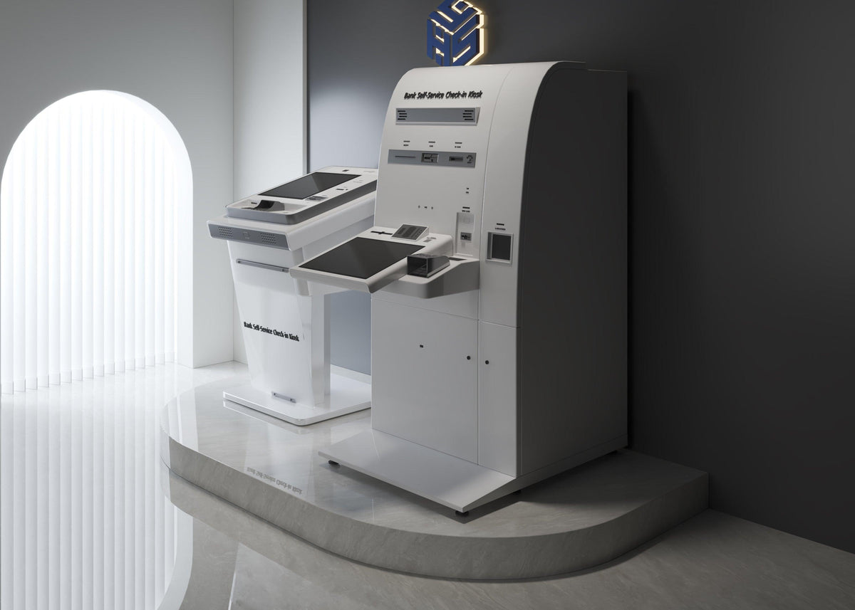 Side view of custom solid surface self-service kiosk counter for airports and ports with seamless acrylic solid surface finish
