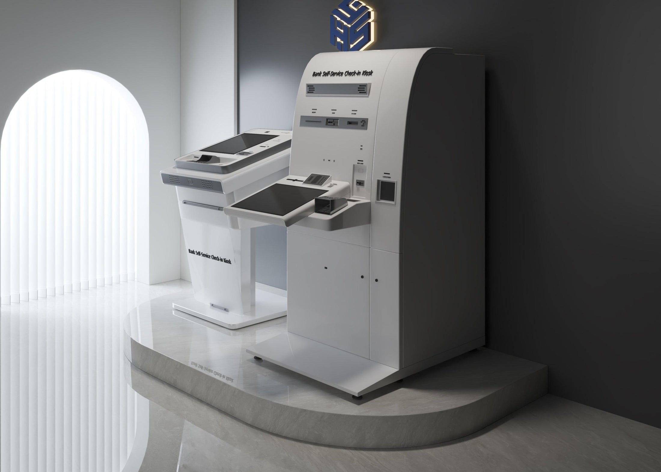 Side view of custom solid surface self-service kiosk counter for airports and ports with seamless acrylic solid surface finish
