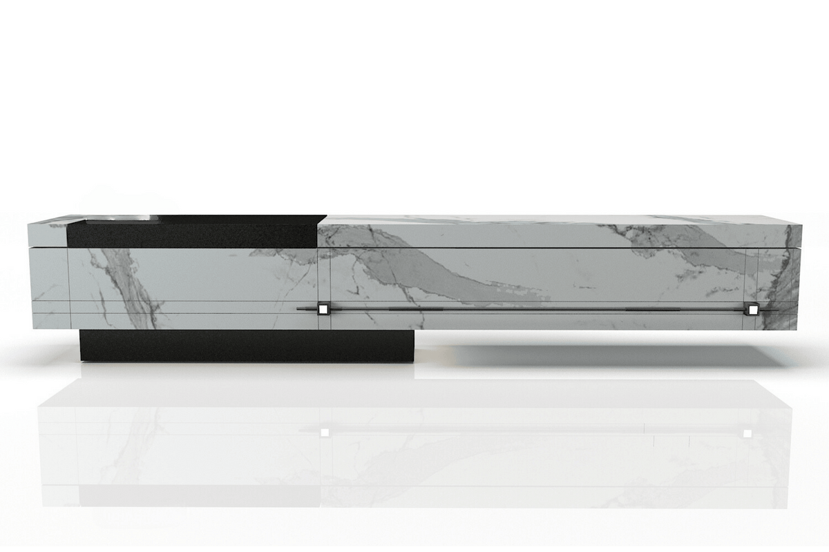 Side view of gray marble rectangular solid surface reception desk with seamless acrylic solid surface finish