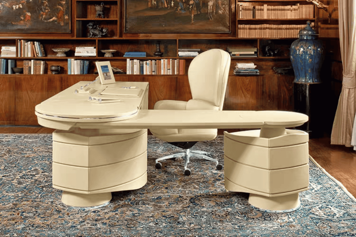 Side view of l-shaped solid surface executive desk for high-end offices with seamless acrylic solid surface finish