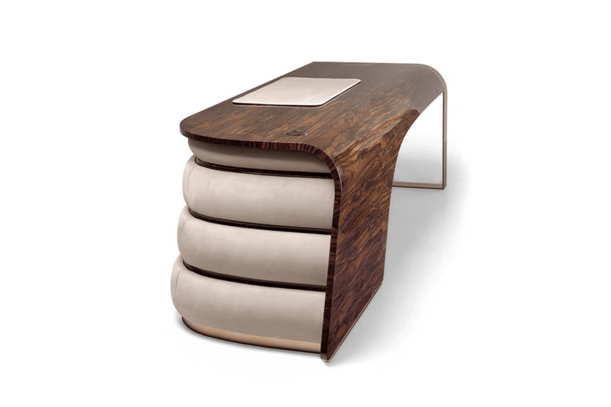 Side view of italian style solid surface executive desk for luxury offices with seamless acrylic solid surface finish