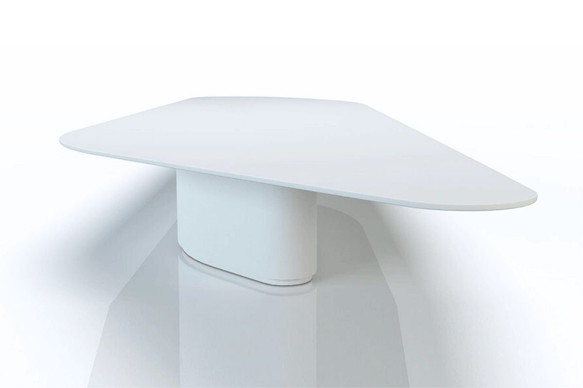 Side view of large white solid surface conference table for office projects with seamless acrylic solid surface finish