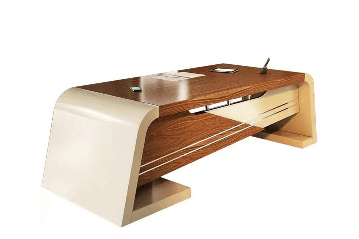 Side view of curved solid surface president desk for executive offices with seamless acrylic solid surface finish