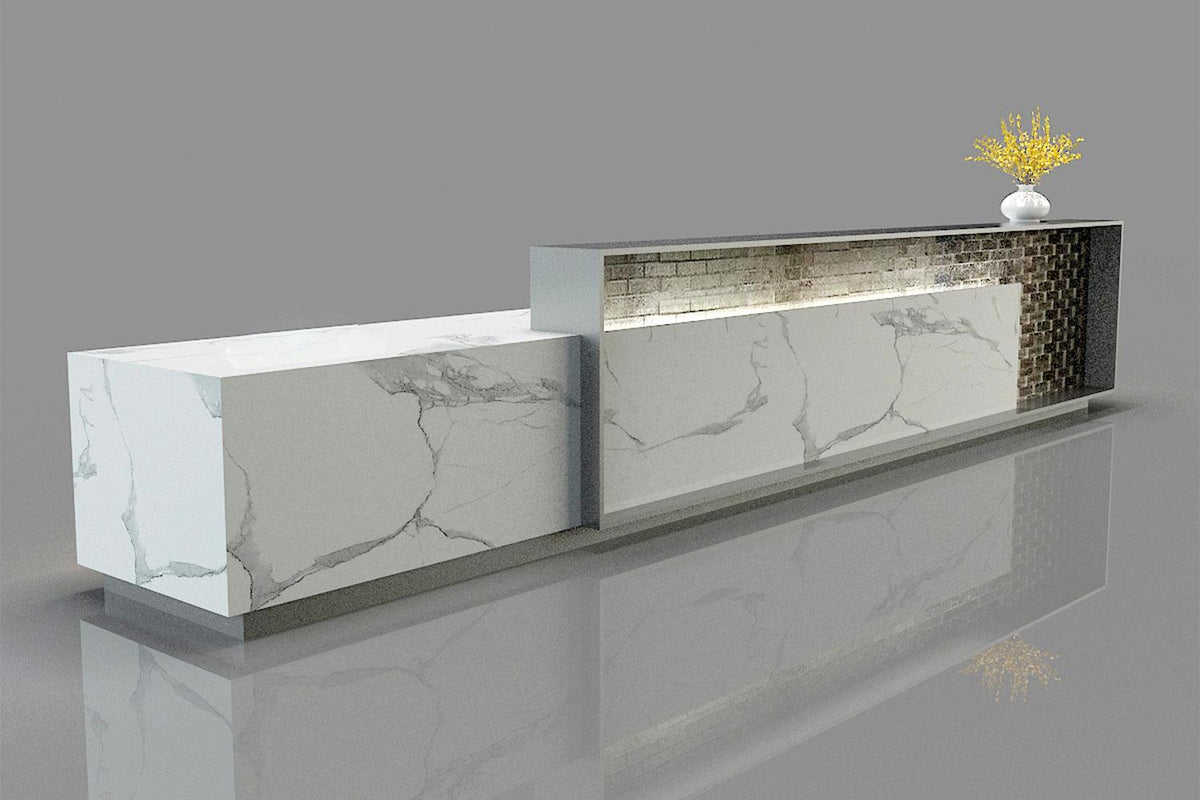 Side view of marble look solid surface hotel reception desk with seamless acrylic solid surface finish