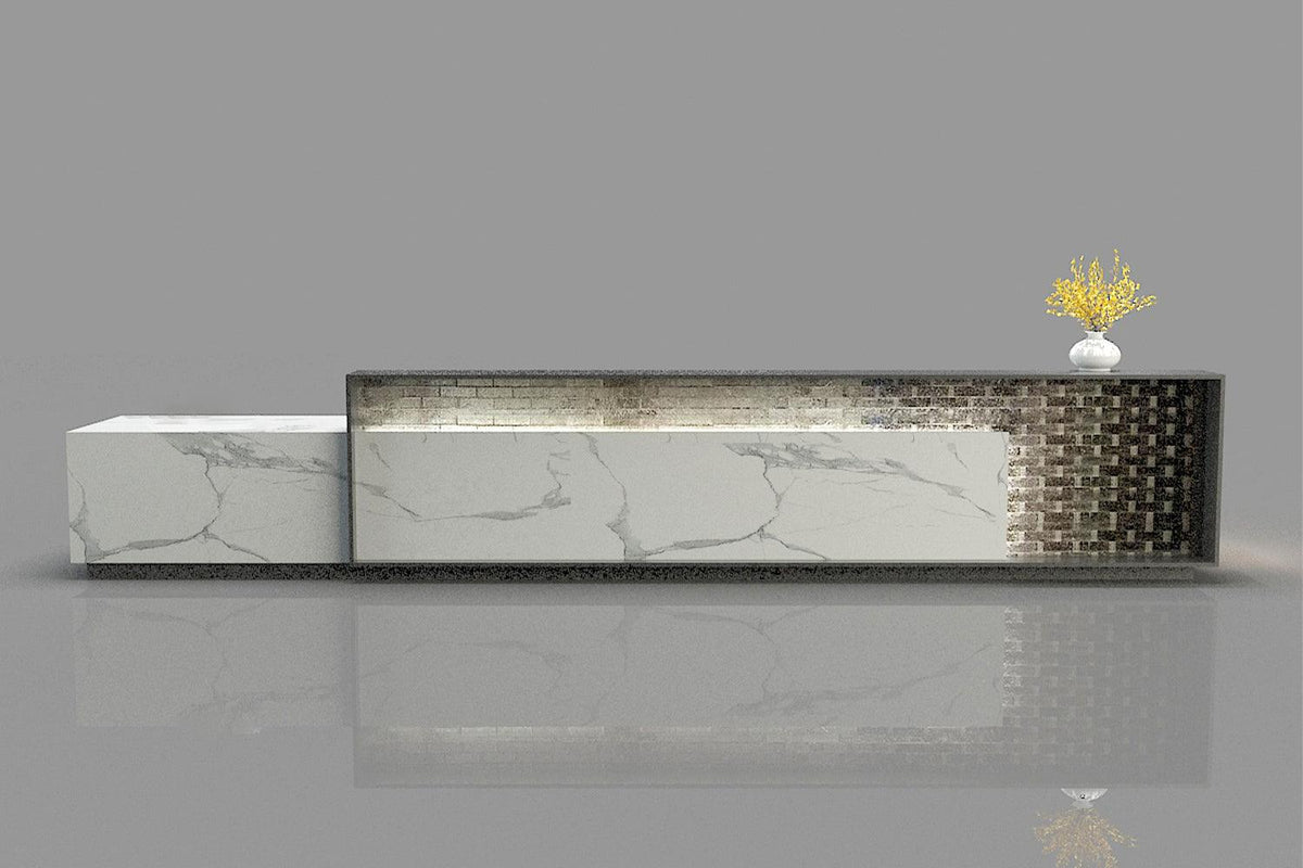 Compact marble-look solid surface front desk for a boutique hotel