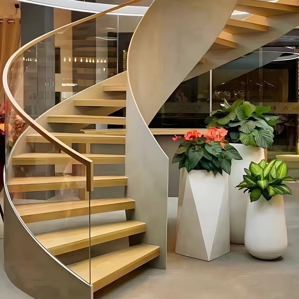 Custom Solid Surface Spiral Staircase with Glass Handrail in acrylic solid surface for custom B2B project furniture