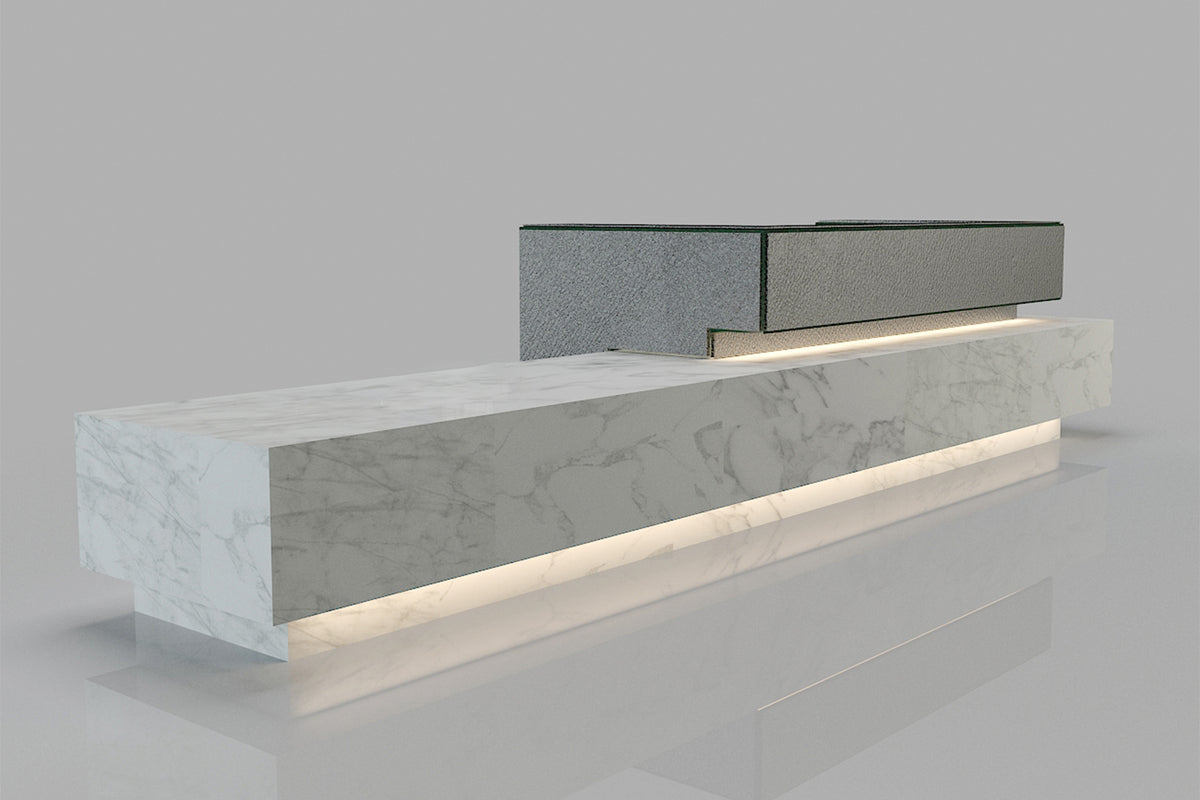 Side view of gray marble solid surface reception desk for commercial interiors with seamless acrylic solid surface finish