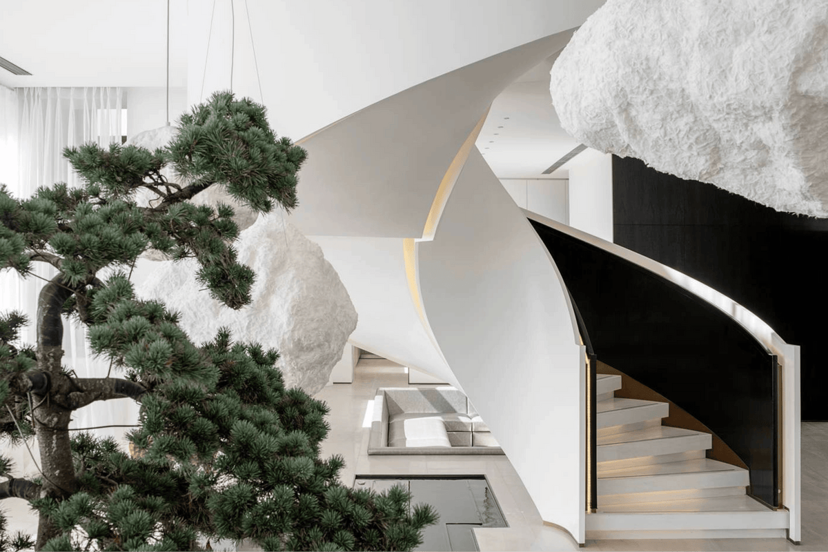 White Light Luxury Solid Surface Spiral Staircase for Grand Villas in acrylic solid surface for custom B2B project furniture