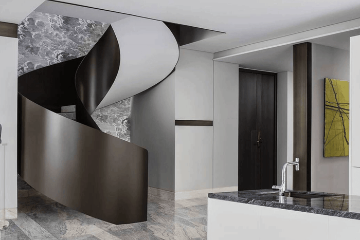 Black and White Solid Surface Spiral Staircase for Villa Interiors in acrylic solid surface for custom B2B project furniture