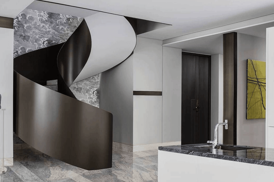 Black and White Solid Surface Spiral Staircase for Villa Interiors