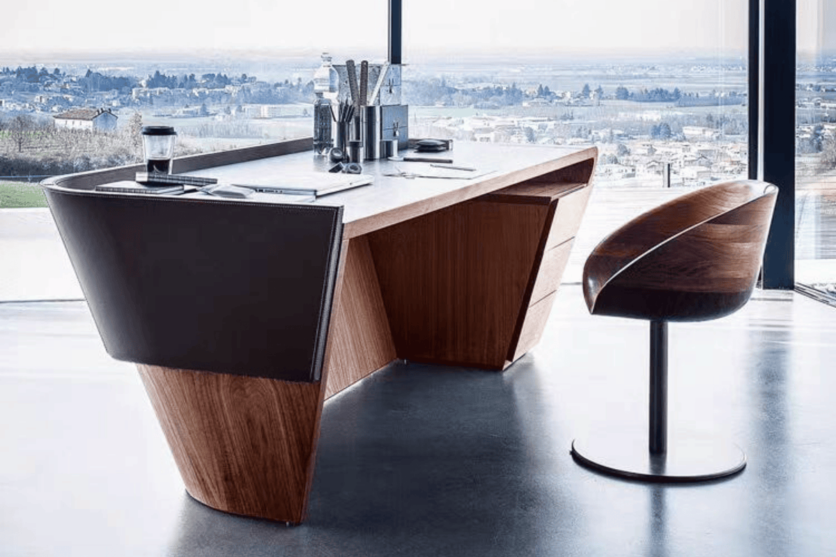 Side view of modern light luxury solid surface manager desk for office projects with seamless acrylic solid surface finish