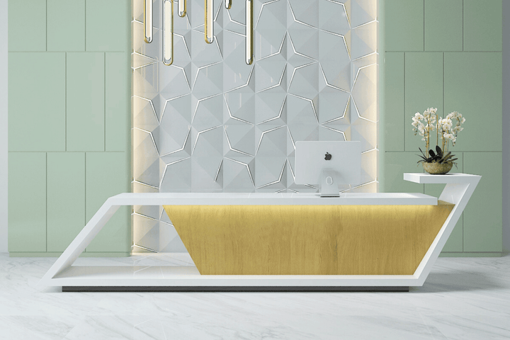 White solid surface office lobby reception desk