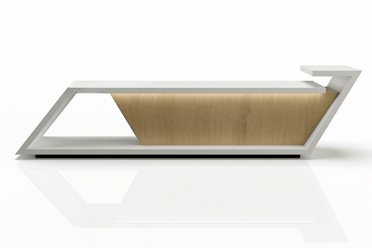 Side view of white creative solid surface corporate reception desk with seamless acrylic solid surface finish