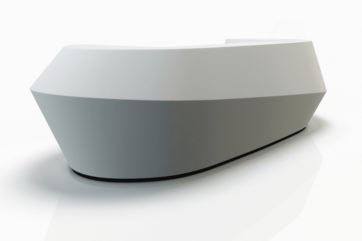 Side view of simple white solid surface reception desk for offices with seamless acrylic solid surface finish