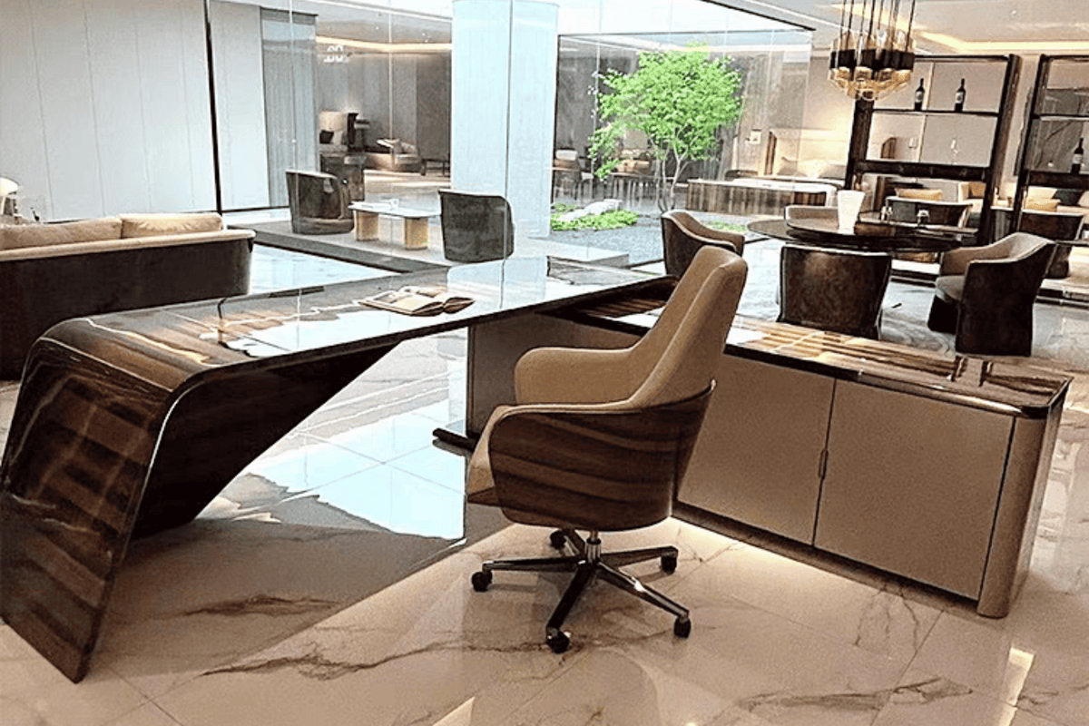 Side view of light luxury solid surface manager desk for executive offices with seamless acrylic solid surface finish