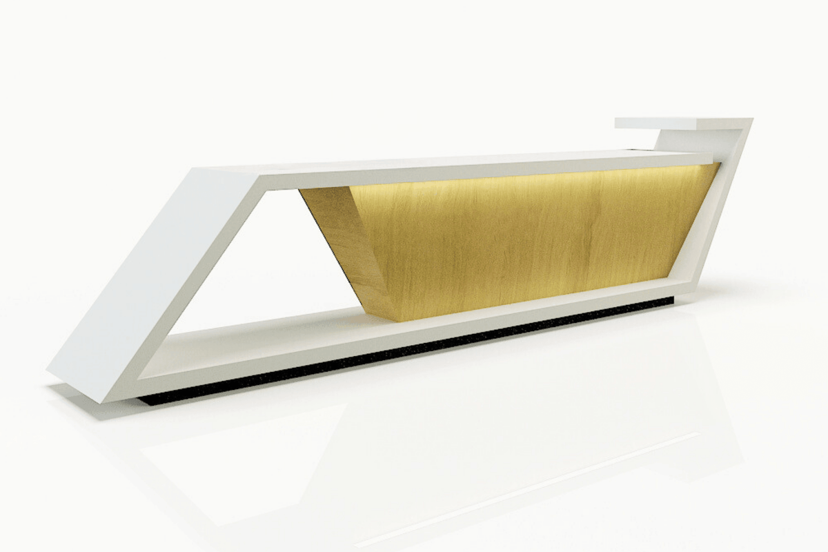 Side view of white creative solid surface corporate reception desk with seamless acrylic solid surface finish