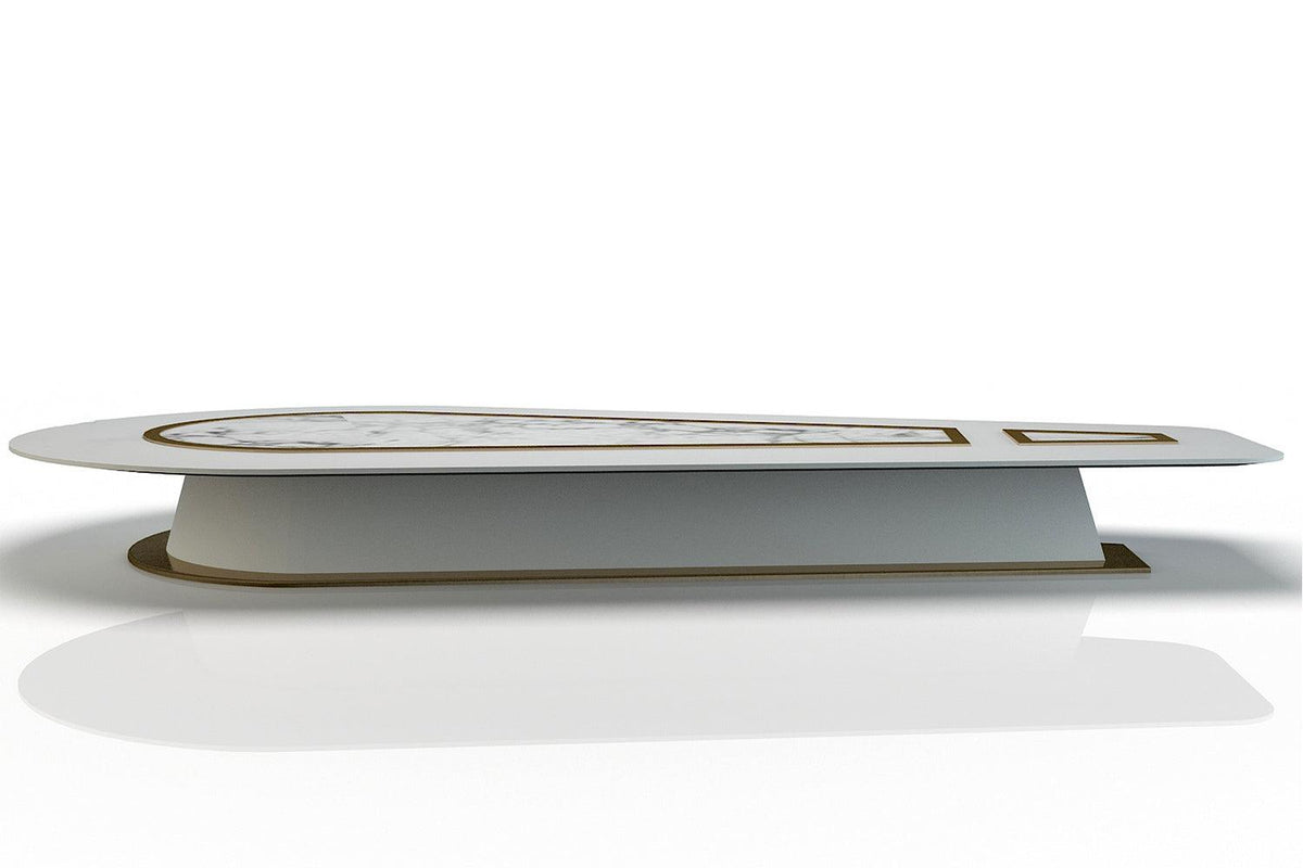 Side view of oval white solid surface conference table for large offices with seamless acrylic solid surface finish