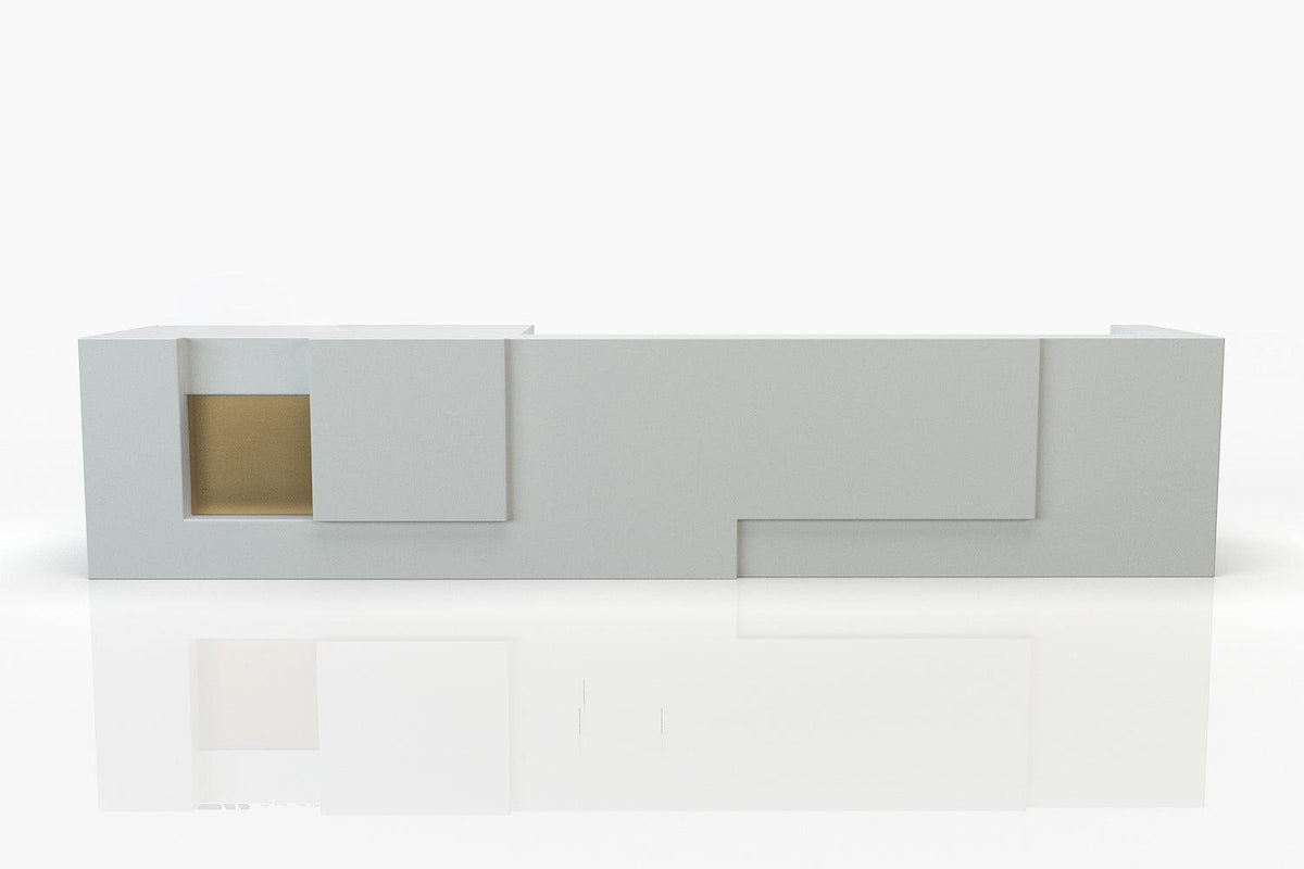Side view of gray rectangular solid surface reception counter for offices with seamless acrylic solid surface finish