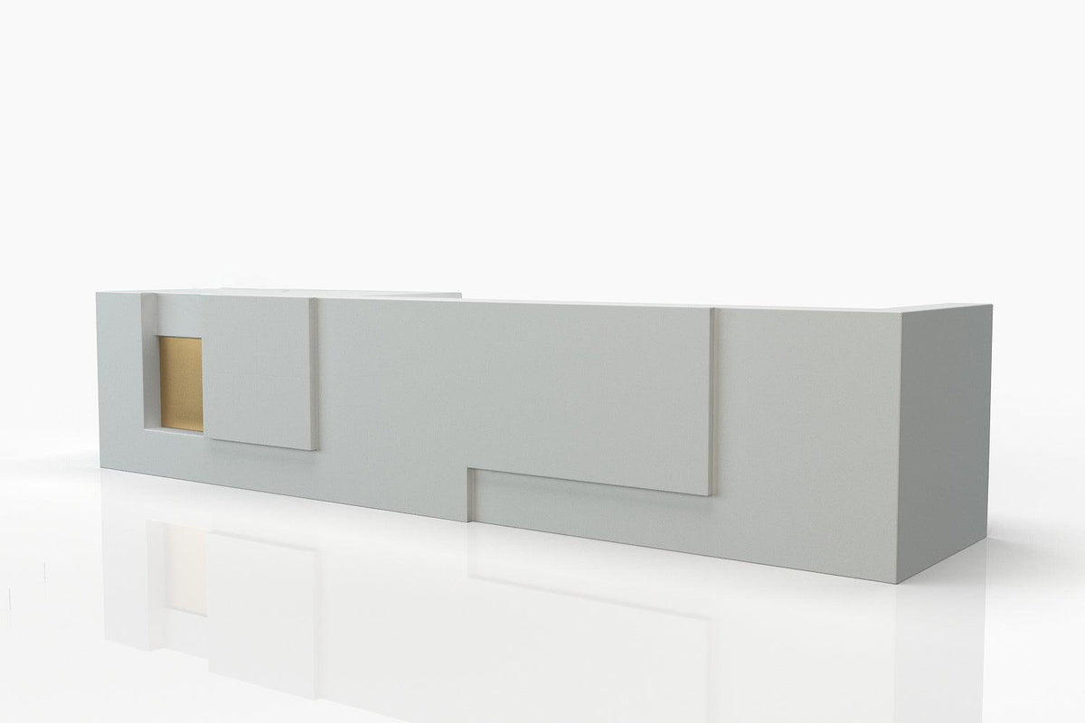 Side view of gray rectangular solid surface reception counter for offices with seamless acrylic solid surface finish