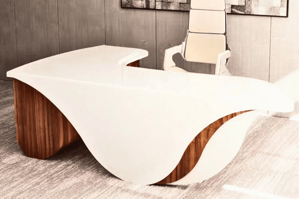 White L-Shaped Solid Surface Manager Desk for Executive Offices in acrylic solid surface for custom B2B project furniture