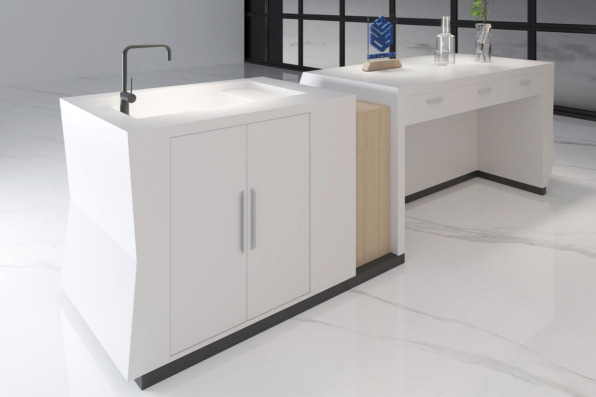 Side view of white solid surface kitchen bar counter for modern interiors with seamless acrylic solid surface finish