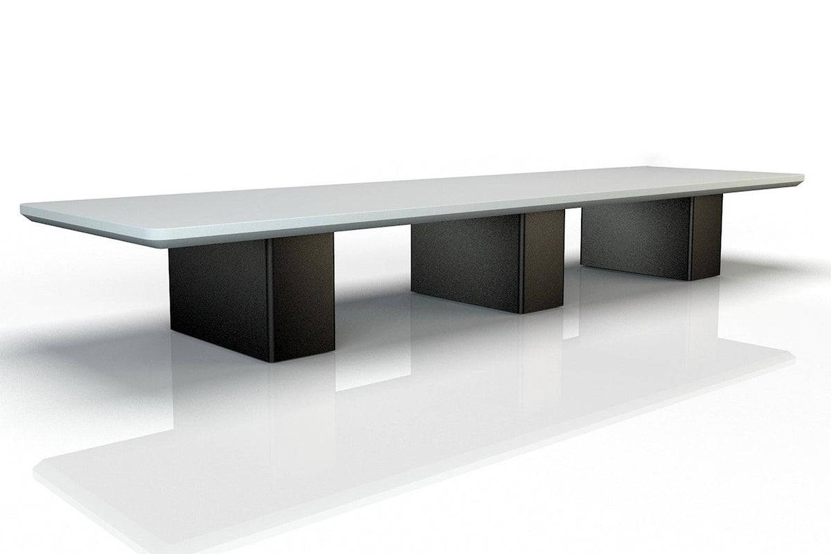 Side view of minimalist white solid surface meeting table for office projects with seamless acrylic solid surface finish