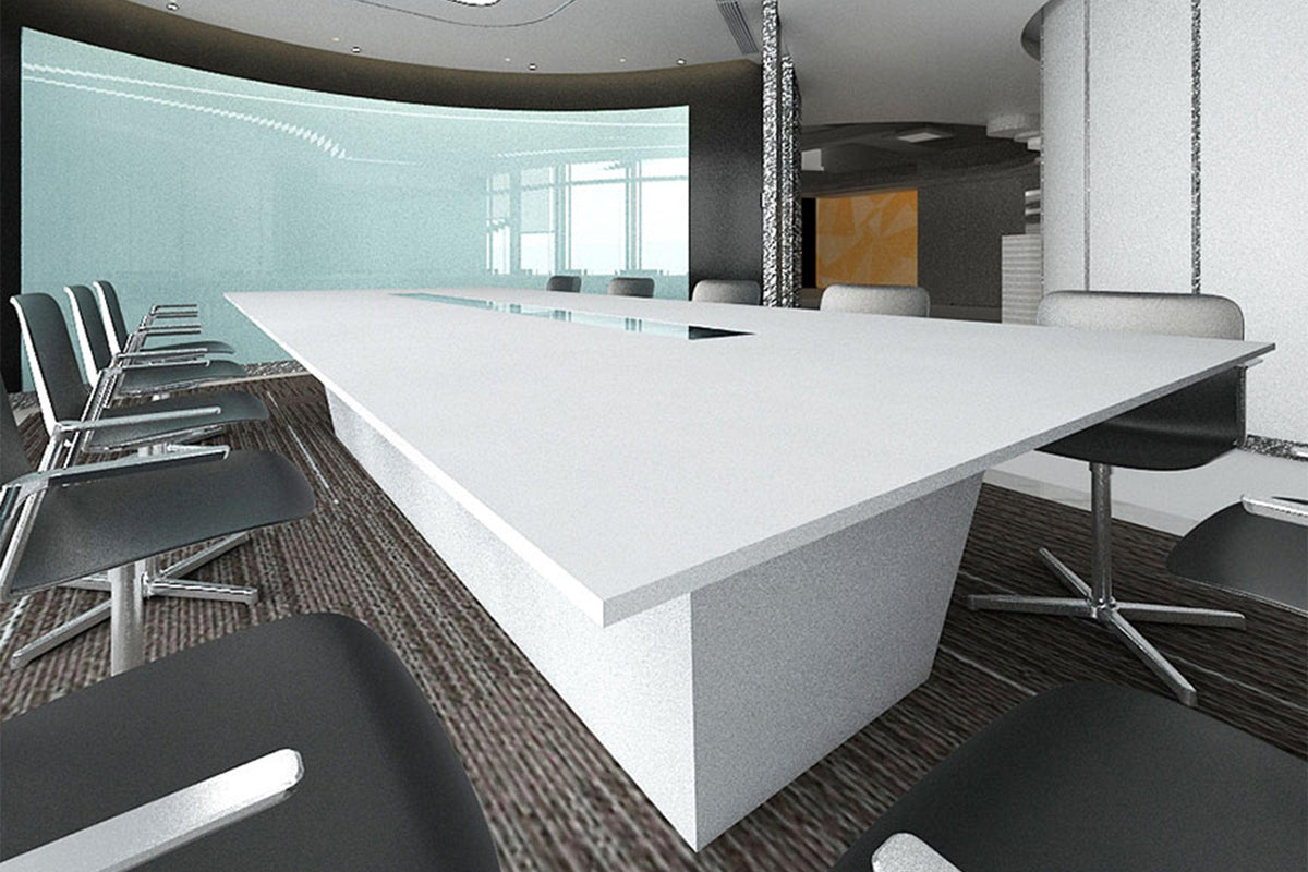 White Minimalist Solid Surface Office Conference Table in acrylic solid surface for custom B2B project furniture