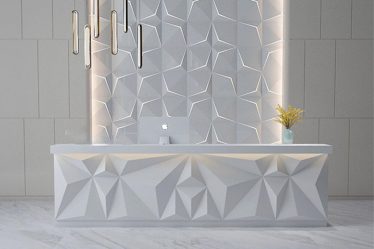 Side view of white creative solid surface corporate front desk with seamless acrylic solid surface finish