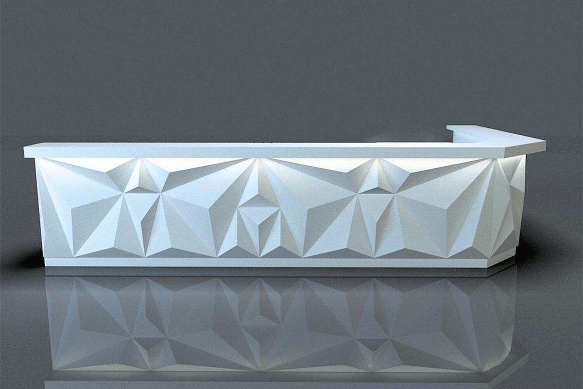 Side view of white creative solid surface corporate front desk with seamless acrylic solid surface finish