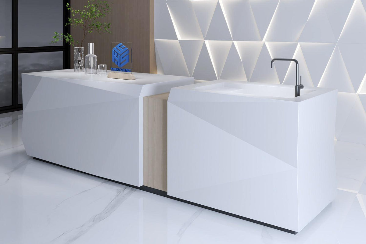 Side view of white solid surface kitchen bar counter for modern interiors with seamless acrylic solid surface finish