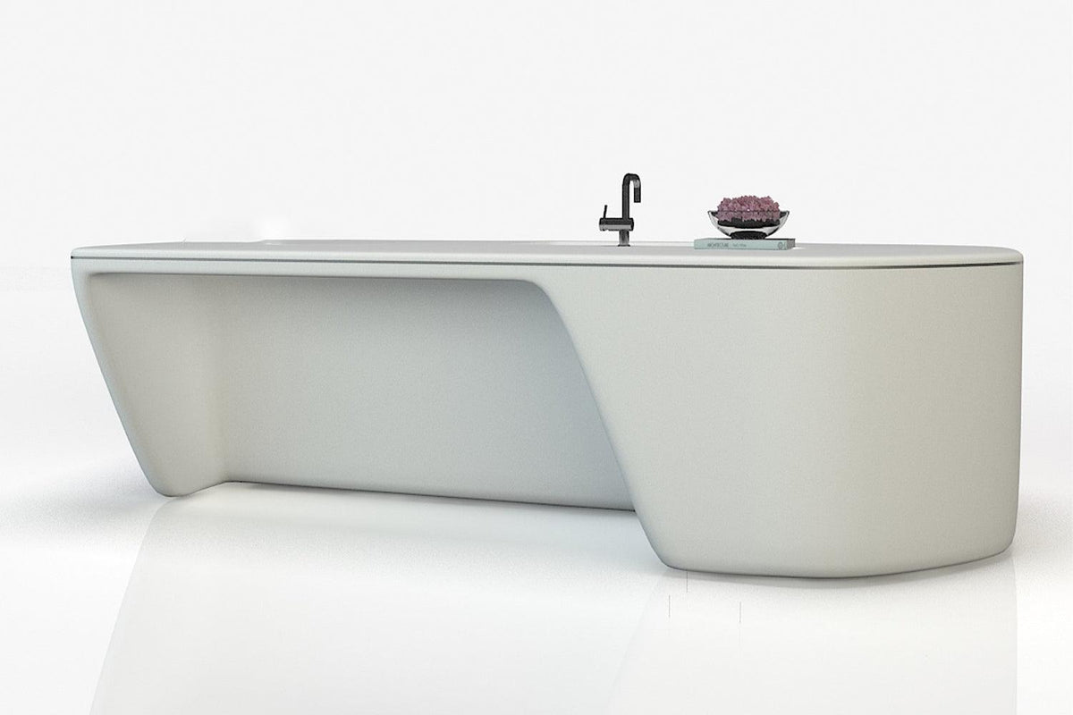 Side view of modern white solid surface kitchen island counter with seamless acrylic solid surface finish