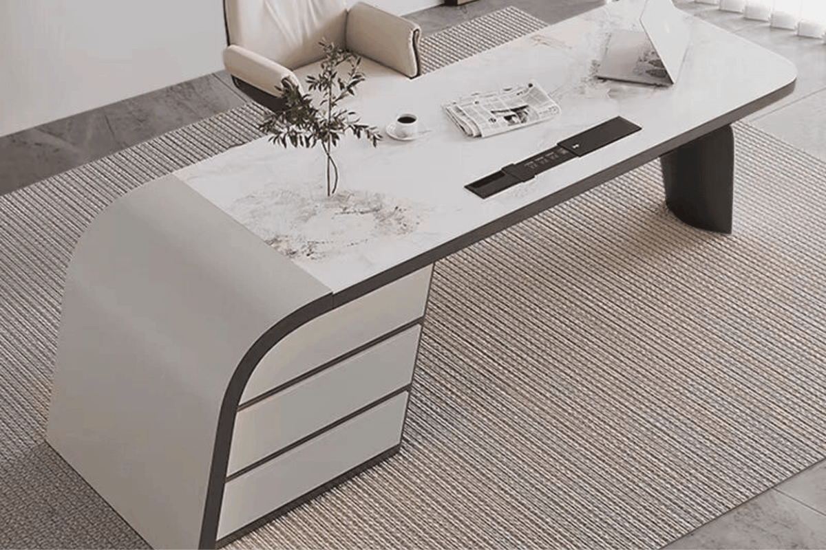 Side view of white modern solid surface manager desk for office projects with seamless acrylic solid surface finish