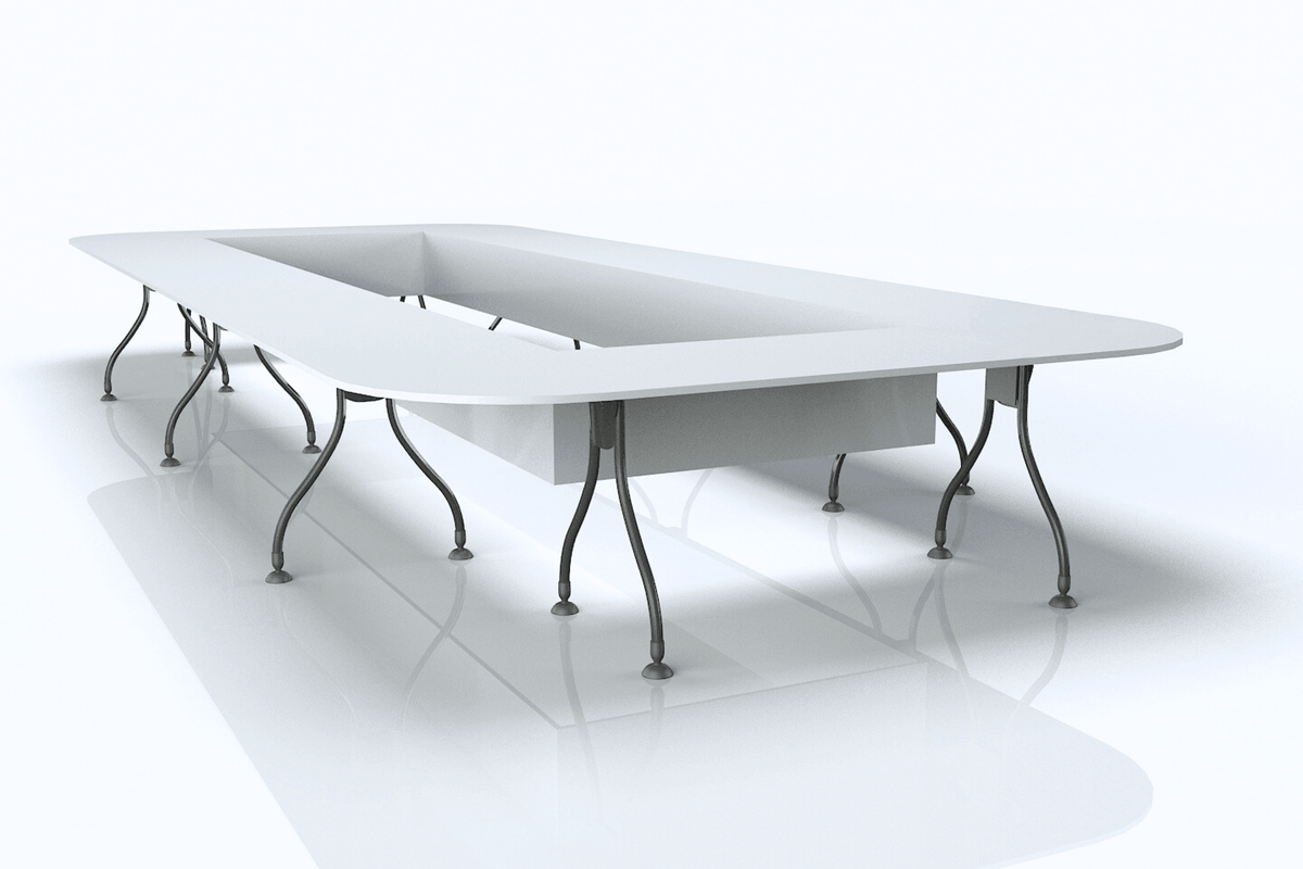 Side view of white rectangular solid surface conference table for 22-person meetings with seamless acrylic solid surface finish