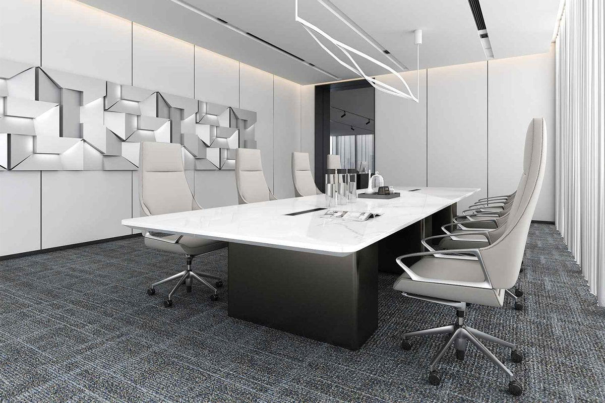 Side view of minimalist white solid surface meeting table for office projects with seamless acrylic solid surface finish